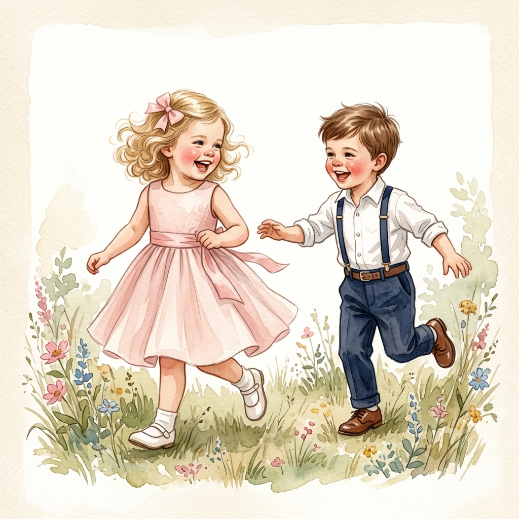 Illustration of elegantly dressed children playing joyfully